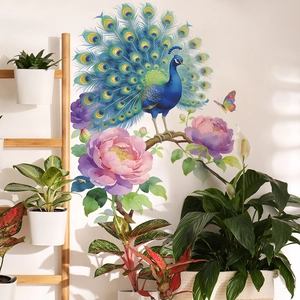 Peacock and flowers wall decal in watercolor style for a minimalist living room