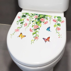 Floral green plants and butterflies self-adhesive wall sticker for toilet seat decoration