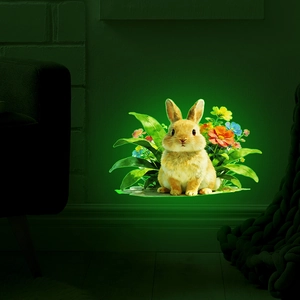 Adesivo murale luminoso con simpatico coniglio, fiori colorati e foglie verdi decor