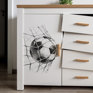 Modern white dresser with soccer net wall decal featuring four drawers and wood handles