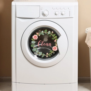 Floral washing machine sticker with pink roses and Clean text for laundry room decor