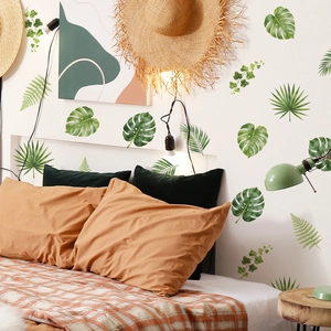 Tropical green leaf wall stickers with monstera and palm leaves for bedroom decor