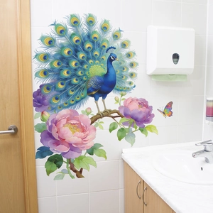 Colorful Peacock And Peony Flower Wall Sticker Removable PVC Butterfly Wall Decal For Living Room Home Decor Art Mural