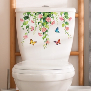 Floral wall sticker with green leaves and butterflies for bathroom toilet decoration