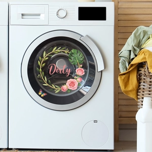 Self-adhesive floral washing machine wall sticker with rose design and Dirty text