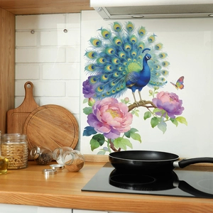 Peacock and pink peony branch wall sticker for modern kitchen stove backsplash decoration