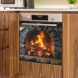 Self-adhesive realistic fireplace decal for kitchen ovens with warm glowing fire design