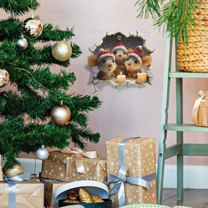 3D Christmas wall sticker featuring three cute mice and candles on a broken wall surface