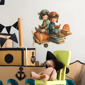 Nursery wall sticker of kids reading on a book plane for creative bedroom wall decor