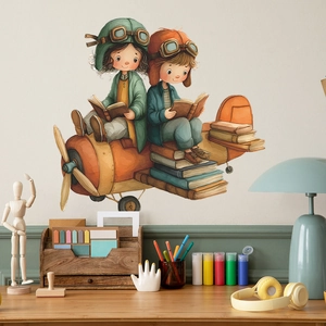 Cartoon kids flying book plane wall stickers for children bedroom nursery decor