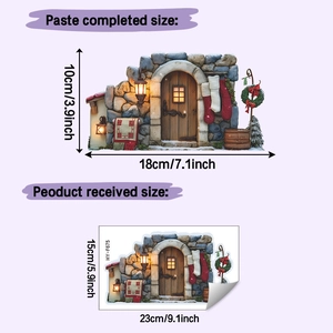 Christmas wall decal showing a stone door with socks and wreath decoration details