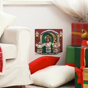 3D Christmas wall sticker featuring three cute mice in a red brick arch with gift boxes