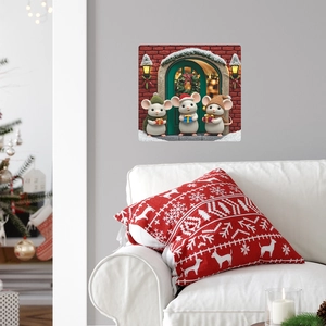 Christmas wall decal featuring three cute cartoon mice on a festive brick wall background