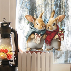 Stickers de fenêtre de Noël avec deux lapins mignons portant des écharpes et cadeaux