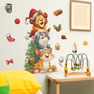 Christmas wall stickers featuring stacked cartoon animals like lion and cat with Xmas decor