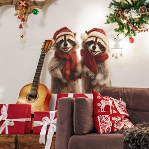 Christmas wall decals featuring two cute raccoons in Santa hats for cozy home decoration