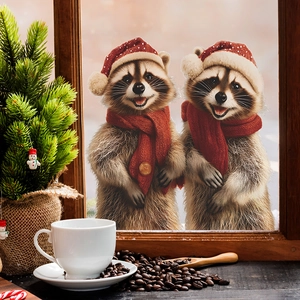 Christmas wall stickers featuring two raccoons with Santa hats and a tree for home decor