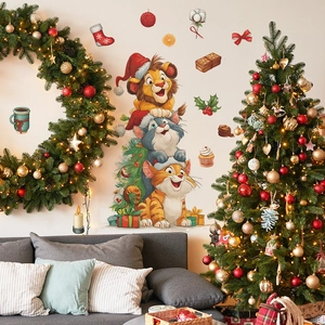 Christmas wall stickers featuring lions, cats and tree for cozy festive home decor