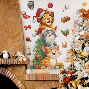 Christmas wall decal with stacked lion and cat cartoon animals by a festive tree