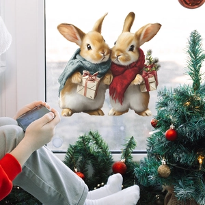 Stickers Statiques de Fenêtre de Noël Lapin de Dessin Animé Réaliste Avec Boîte Cadeau Impression UV PVC Décalcomanies Murales pour Maison