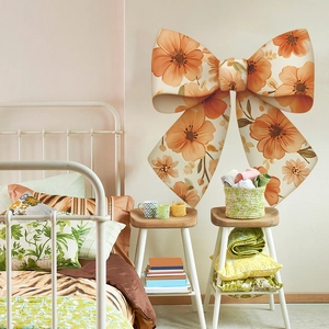 Floral orange bow wall sticker for bedroom decor with vintage watercolor flower pattern