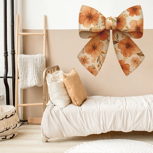 Large floral bow wall sticker with vintage orange flowers for home and bedroom decor