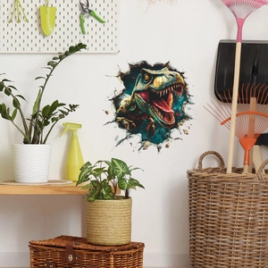 3D wall sticker featuring a fierce T-Rex breaking through a white wall for home decor
