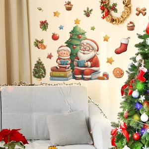 Adesivi murali natalizi con Babbo Natale e bambino che legge per decorazioni casa