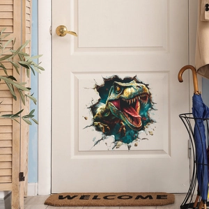 3D wall sticker featuring a T-Rex dinosaur breaking through a white door for room decoration