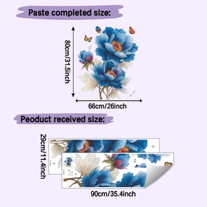 Detailansicht der Wandsticker mit blauen Blumen und Schmetterlingen samt Maßen und Layout