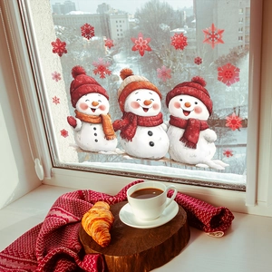 Christmas window stickers with cartoon snowmen and snowflakes for festive home decor