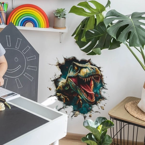 3D dinosaur wall sticker with T-Rex break-through wall effect for kid's bedroom decor