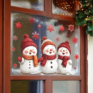 Christmas window stickers featuring cute snowmen and red snowflakes for home decoration