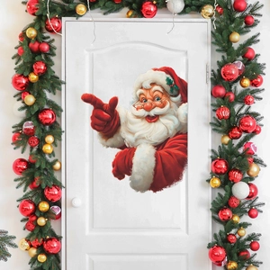 Festive Santa Claus wall sticker on white door with evergreen holiday wreath and ornaments