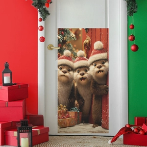 Three cute Christmas otters wearing hats on a festive window door sticker decoration