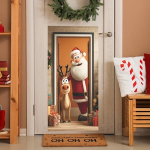 3D Santa and reindeer Christmas door wall sticker for festive home living room decor