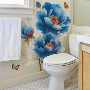 Tropische blaue Pfingstrose Wandaufkleber mit Schmetterlingen für Bad Wanddekoration