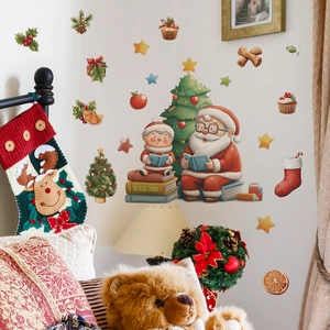 Adesivo da Parete di Natale Babbo Natale E Bambino PVC Autoadesivo Removibile DIY Decalcomania per Camera da Letto Soggiorno Casa