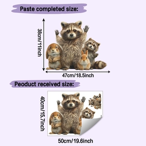 Detail showing raccoon and bunny wall sticker dimensions of 38x47cm and 40x50cm sheet