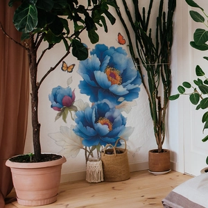 Wandtattoo mit blauen tropischen Blumen und Schmetterlingen für Wohnzimmer Deko