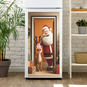 3D cartoon Santa Claus and reindeer standing fridge wall sticker for Christmas decor