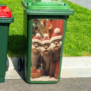 Christmas beaver window stickers featuring three beavers with Santa hats on a green door