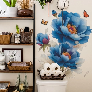 Blaue Pfingstrose Wandaufkleber Mit Schmetterlingen PVC Selbstklebend Aquarell Blumen Wandtattoo Für Wohnzimmer Deko