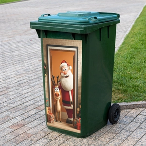 Green outdoor trash can with festive 3D Santa and reindeer Christmas door wall stickers