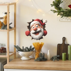 3D Santa Claus wall sticker showing festive Christmas decor in a warm home interior setting