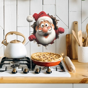 Sticker mural 3D de Noël avec le Père Noël à lunettes sortant d'un trou dans le mur blanc