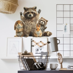Realistic raccoon and bunny wall stickers for minimalist bedroom home decor