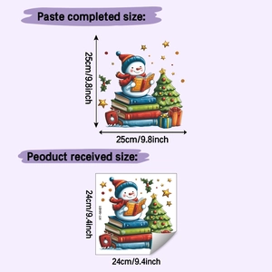 Detail view of snowman reading books wall sticker with 25x25cm layout dimensions