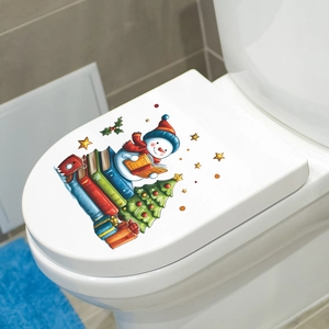 Festive Christmas snowman reading books toilet lid sticker with tree and gifts