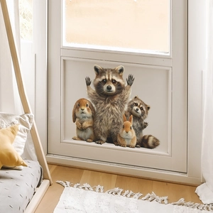 Cute raccoon and rabbit family wall stickers for home bedroom wall or glass door decoration